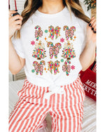 White Christmas Tree Bow Knot Print Round Neck T Shirt - M