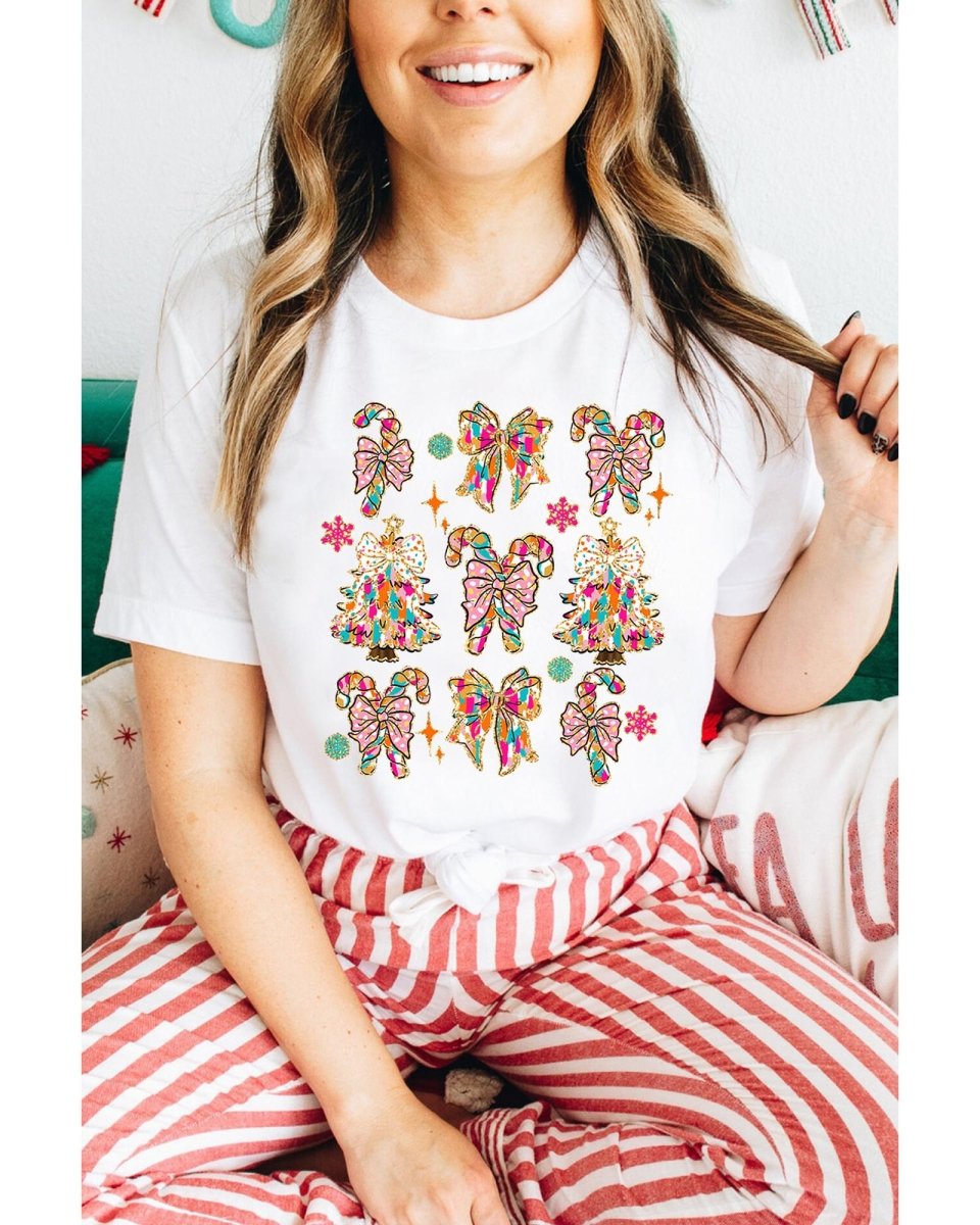 White Christmas Tree Bow Knot Print Round Neck T Shirt - XL