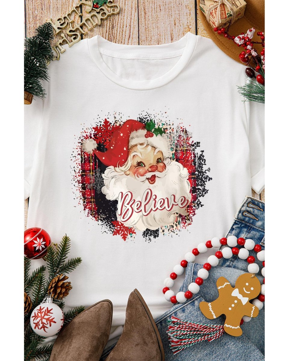 White Believe Christmas Father Graphic Crewneck T Shirt - M