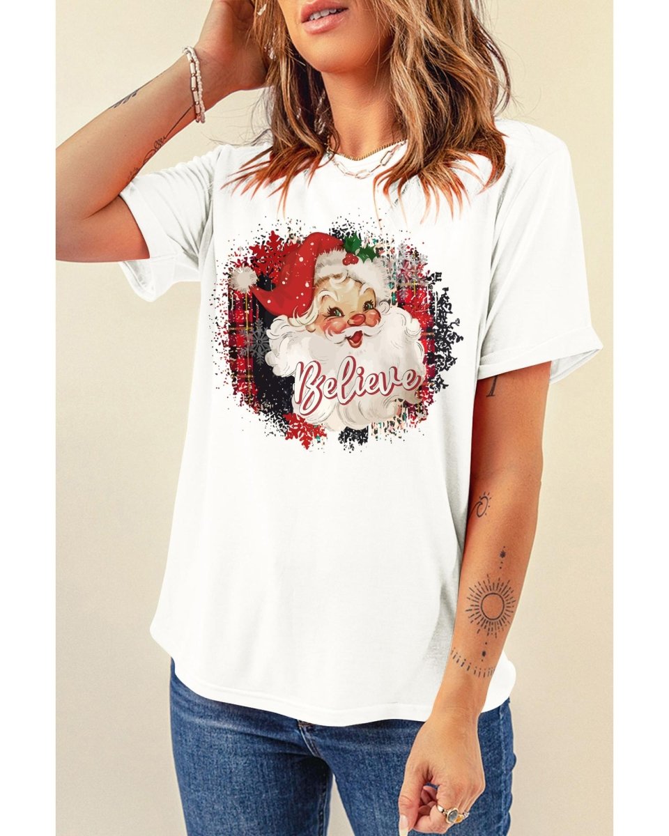 White Believe Christmas Father Graphic Crewneck T Shirt - M