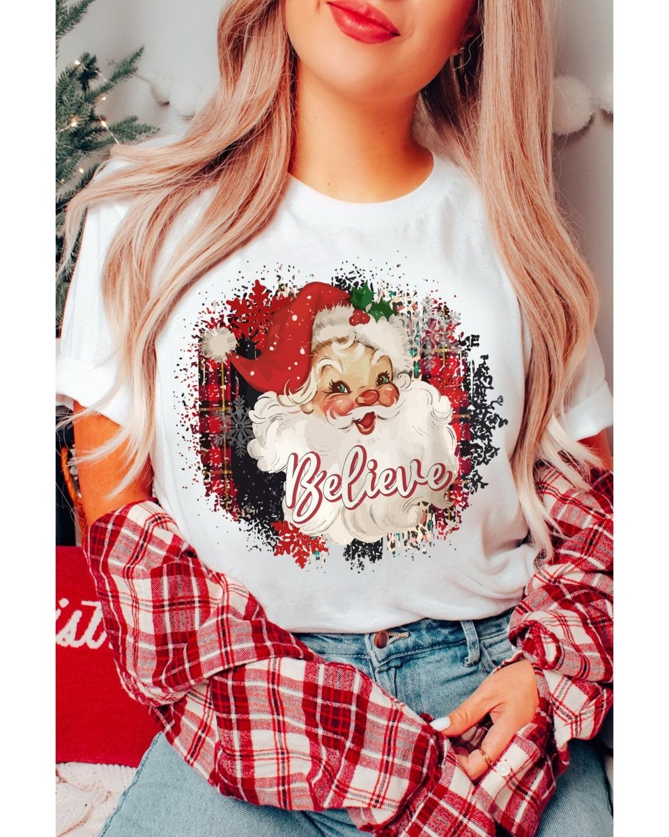 White Believe Christmas Father Graphic Crewneck T Shirt - M