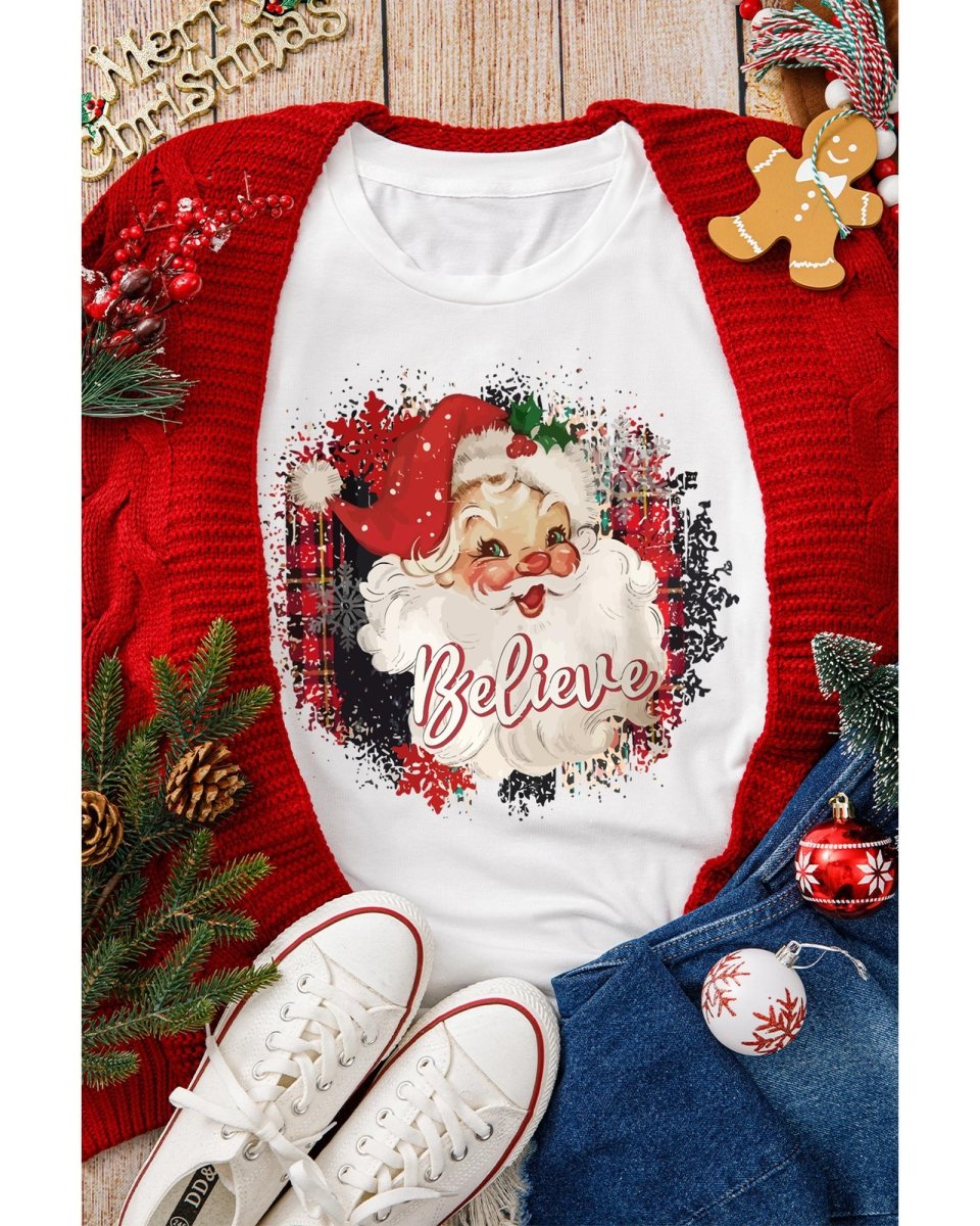 White Believe Christmas Father Graphic Crewneck T Shirt - M