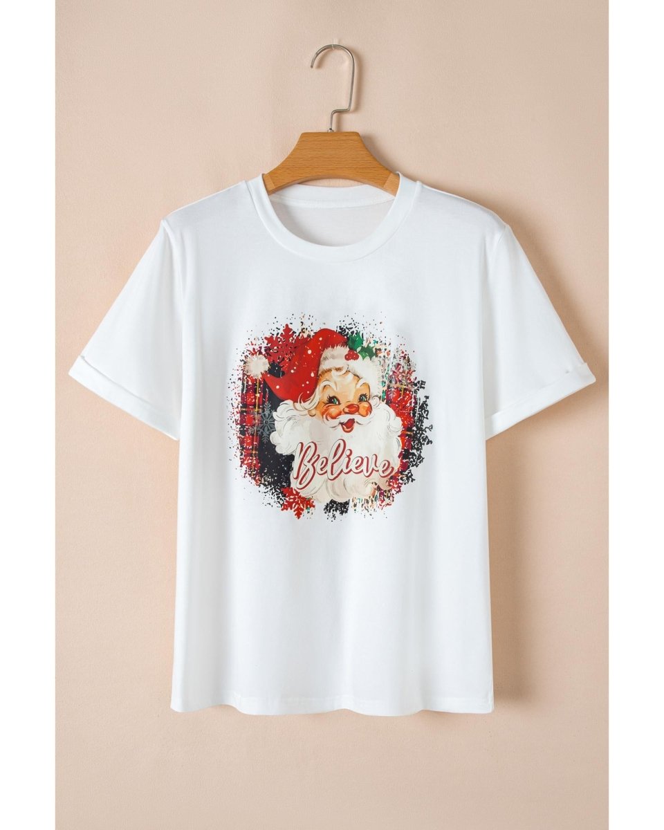 White Believe Christmas Father Graphic Crewneck T Shirt - M