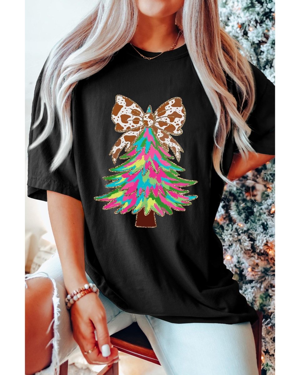 Black Heat Transfer Printing Christmas Tree Bowknot T-Shirt - 2XL