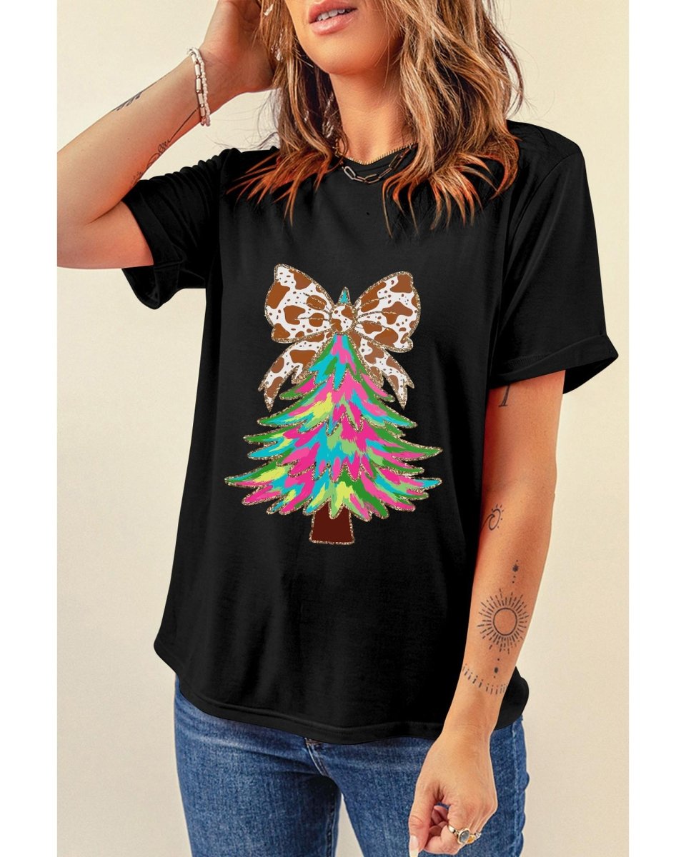 Black Heat Transfer Printing Christmas Tree Bowknot T-Shirt - M