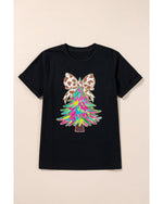 Black Heat Transfer Printing Christmas Tree Bowknot T-Shirt - S