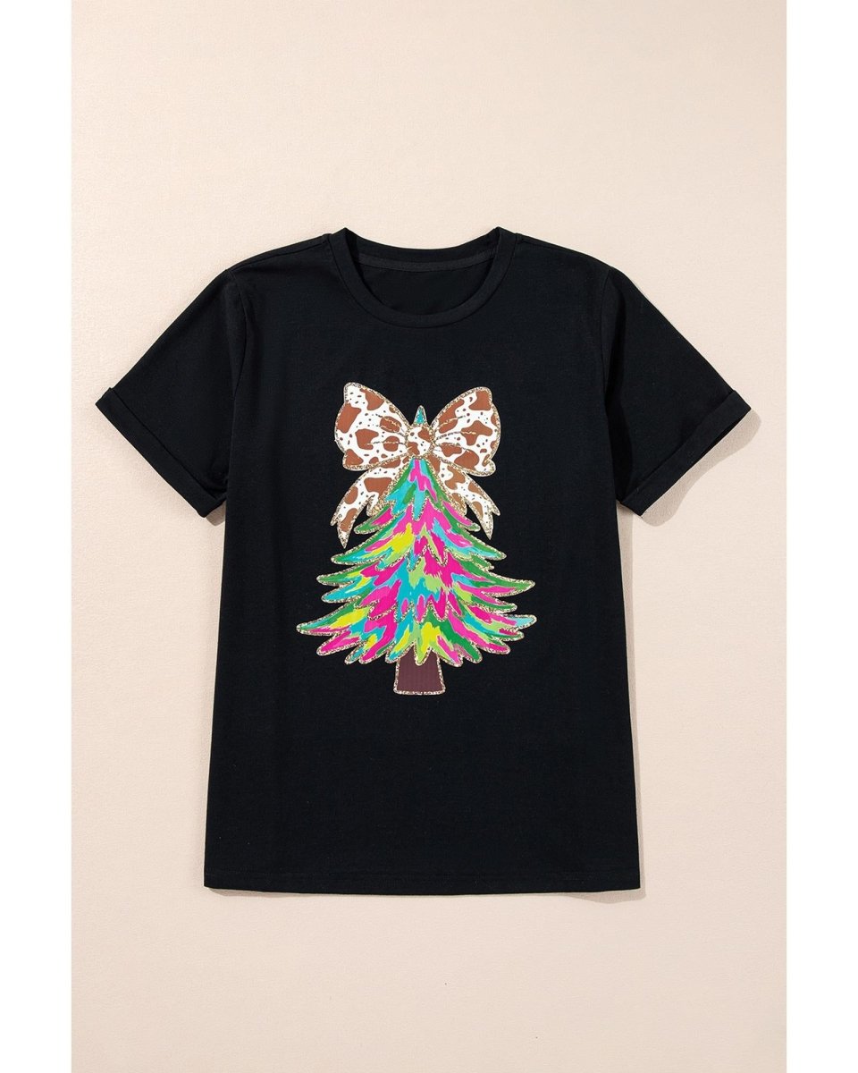 Black Heat Transfer Printing Christmas Tree Bowknot T-Shirt - S