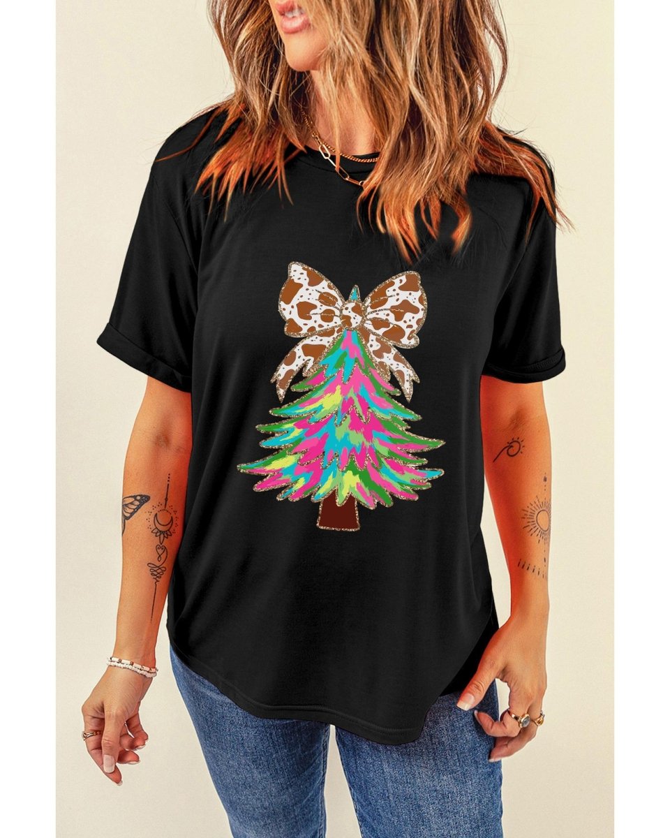 Black Heat Transfer Printing Christmas Tree Bowknot T-Shirt - S