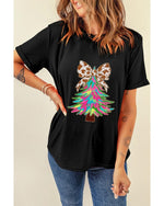 Black Heat Transfer Printing Christmas Tree Bowknot T-Shirt - S