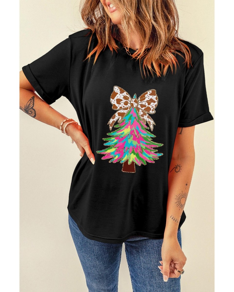 Black Heat Transfer Printing Christmas Tree Bowknot T-Shirt - S