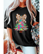 Black Heat Transfer Printing Christmas Tree Bowknot T-Shirt - XL