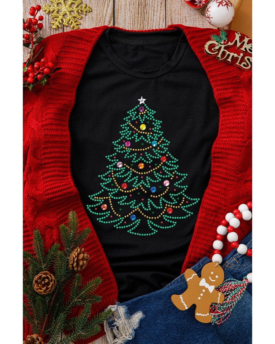 Black Rhinestone Christmas Tree Round Neck Graphic Tee - 2XL