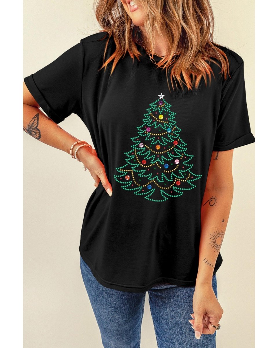 Black Rhinestone Christmas Tree Round Neck Graphic Tee - M