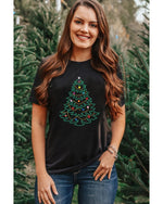 Black Rhinestone Christmas Tree Round Neck Graphic Tee - M