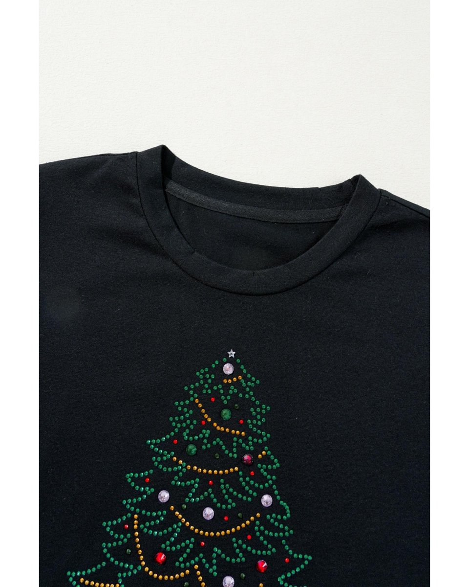 Black Rhinestone Christmas Tree Round Neck Graphic Tee - S
