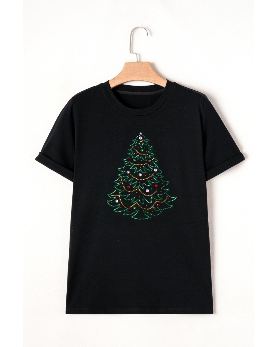 Black Rhinestone Christmas Tree Round Neck Graphic Tee - XL