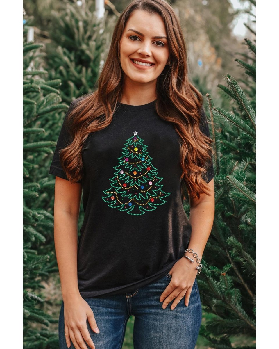 Black Rhinestone Christmas Tree Round Neck Graphic Tee - XL
