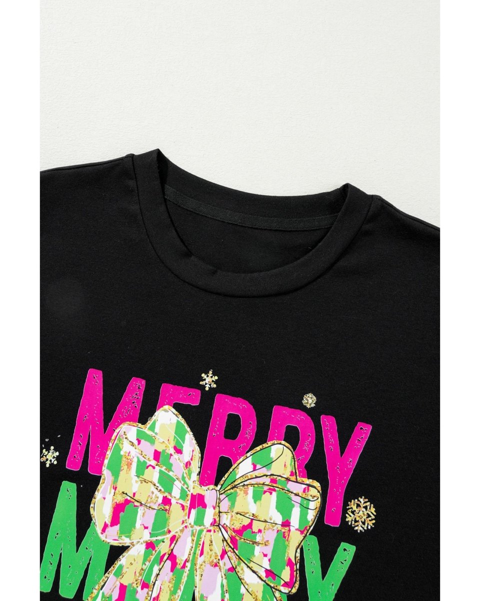 Black Merry Christmas Brushwork Bow Printed T Shirt - L