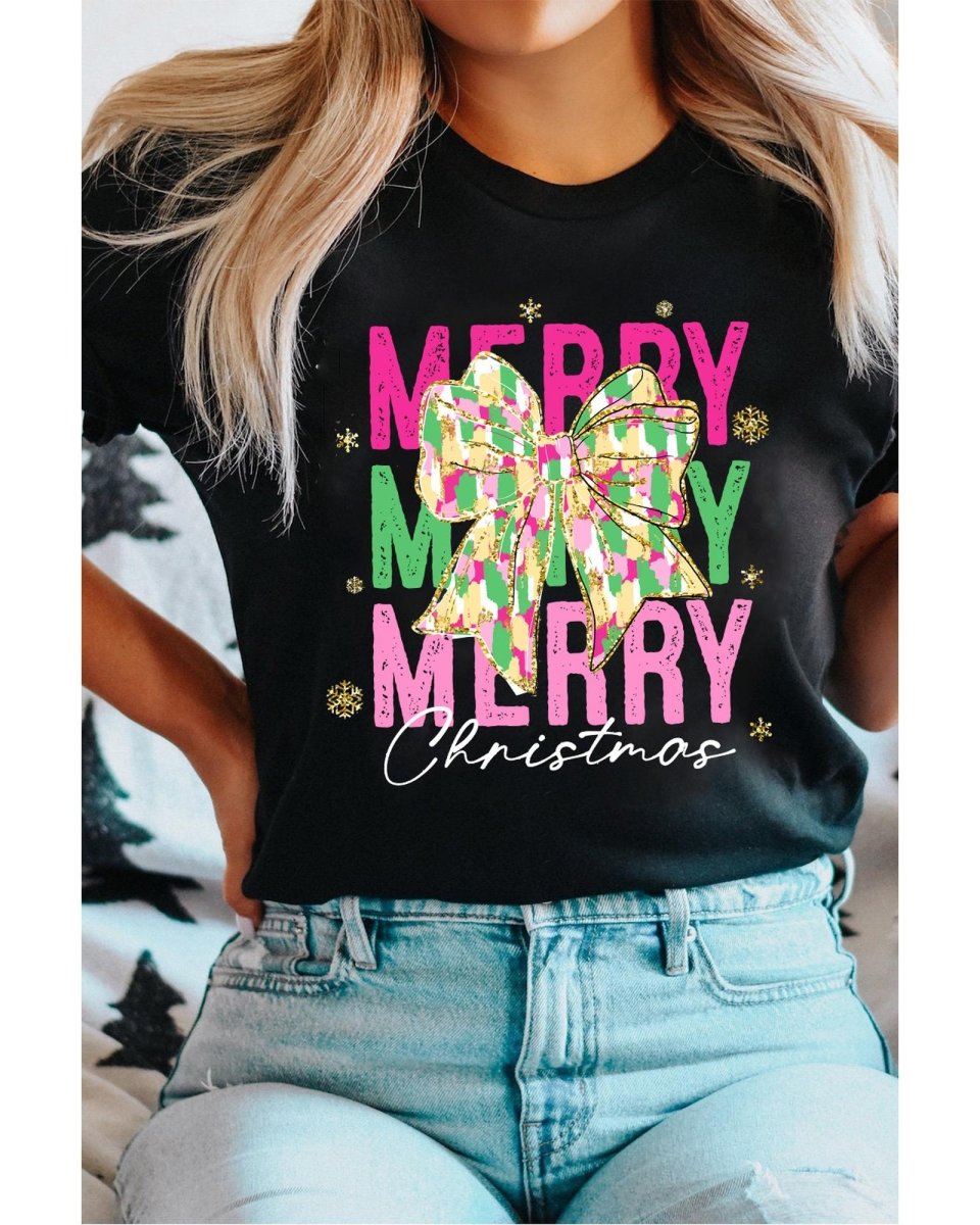 Black Merry Christmas Brushwork Bow Printed T Shirt - L