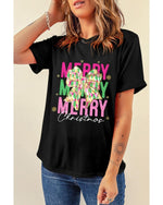 Black Merry Christmas Brushwork Bow Printed T Shirt - L