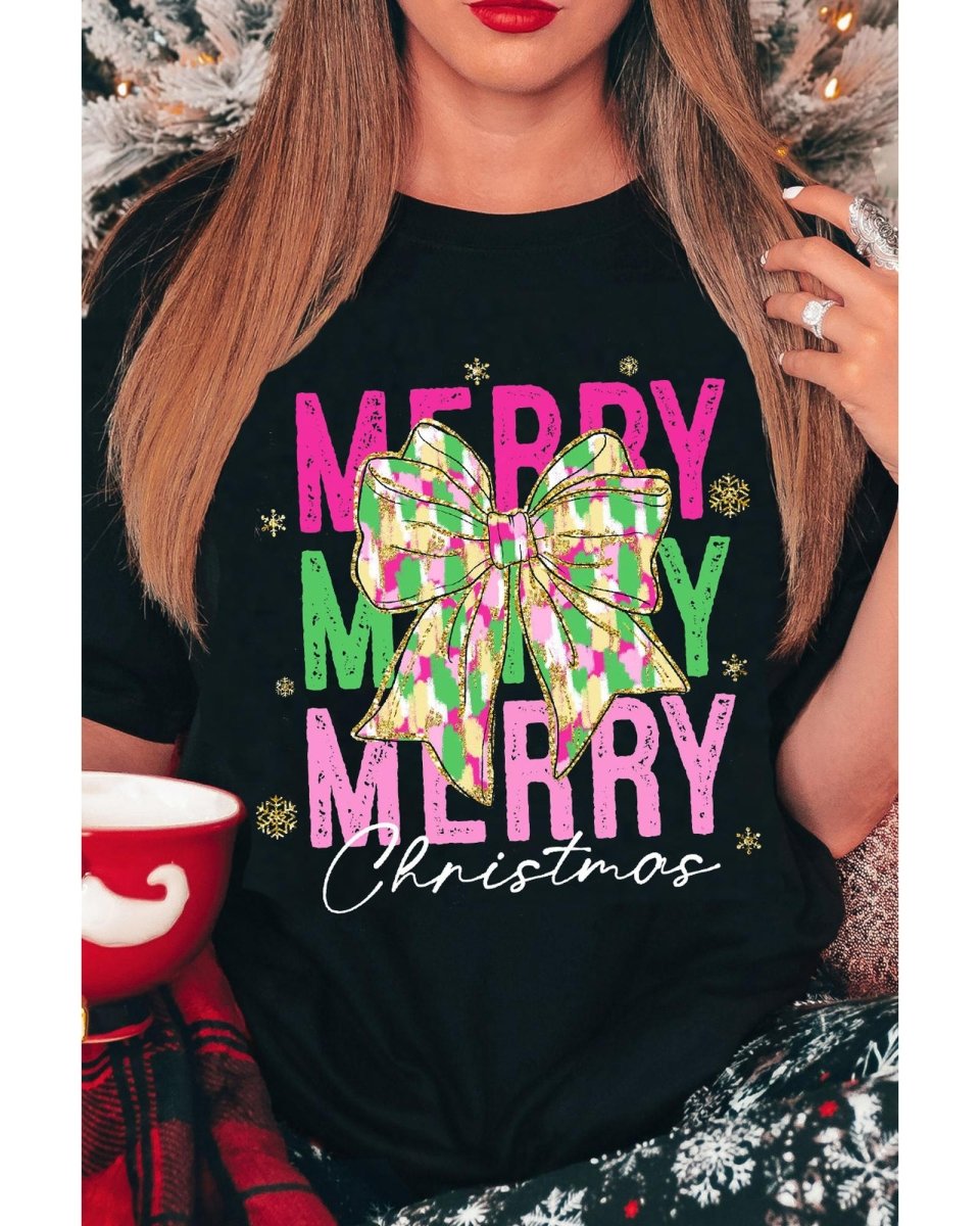 Black Merry Christmas Brushwork Bow Printed T Shirt - S