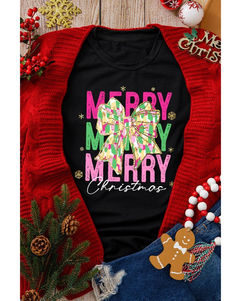 Black Merry Christmas Brushwork Bow Printed T Shirt - XL