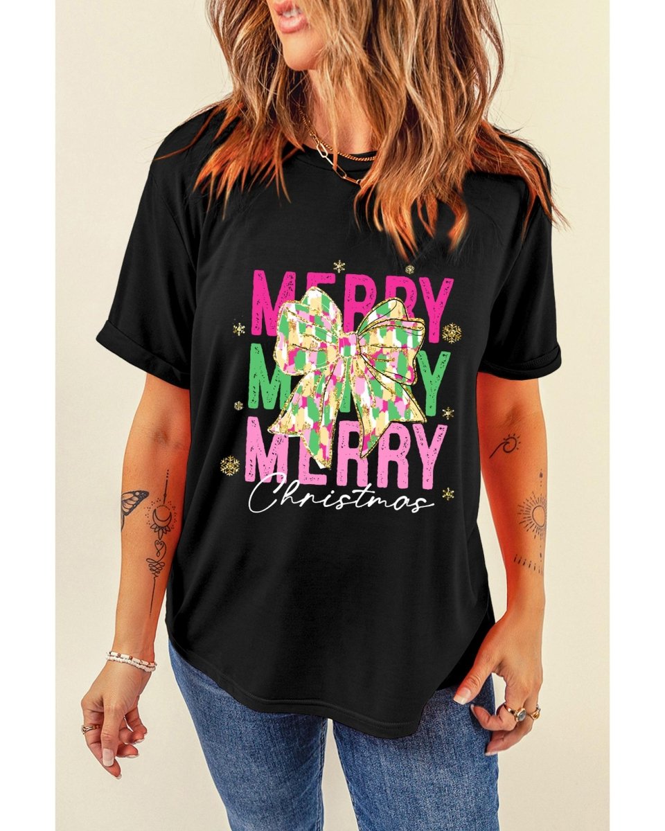 Black Merry Christmas Brushwork Bow Printed T Shirt - XL