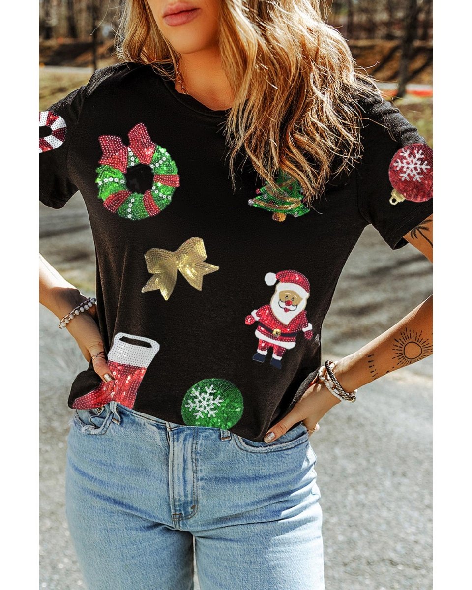 Black Sequin Christmas Essentials Graphic Crewneck T Shirt - 2XL