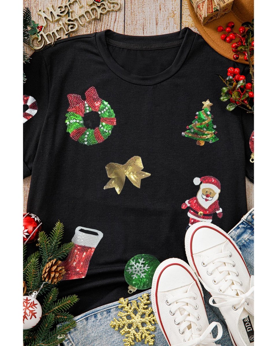 Black Sequin Christmas Essentials Graphic Crewneck T Shirt - L