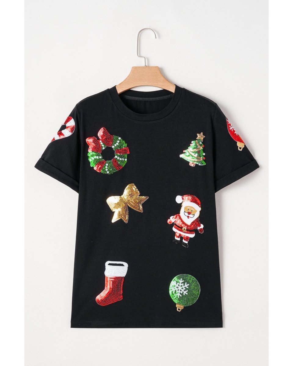 Black Sequin Christmas Essentials Graphic Crewneck T Shirt - L