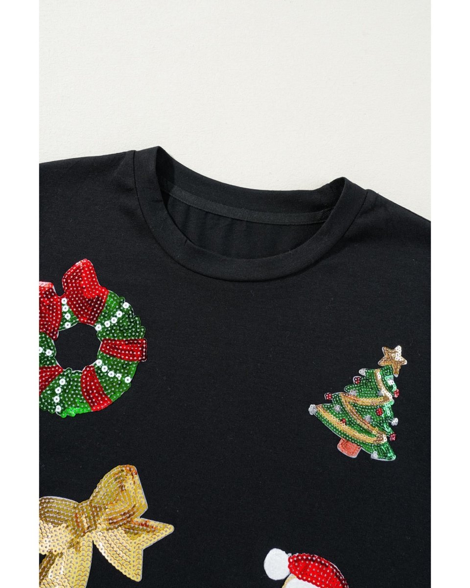 Black Sequin Christmas Essentials Graphic Crewneck T Shirt - XL