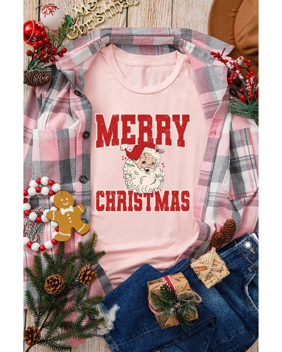 Pink MERRY CHRISTMAS Santa Claus Printed T Shirt - 3XL
