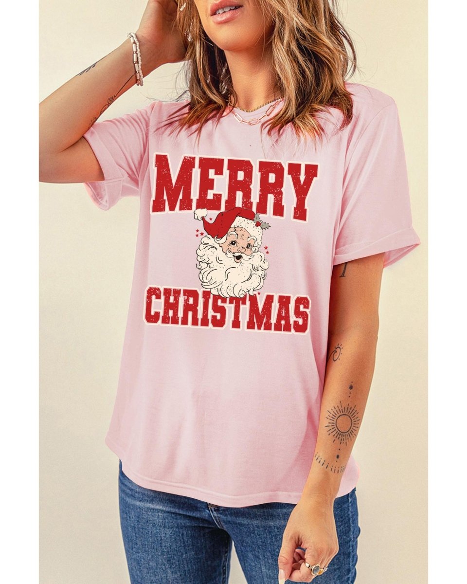Pink MERRY CHRISTMAS Santa Claus Printed T Shirt - 3XL