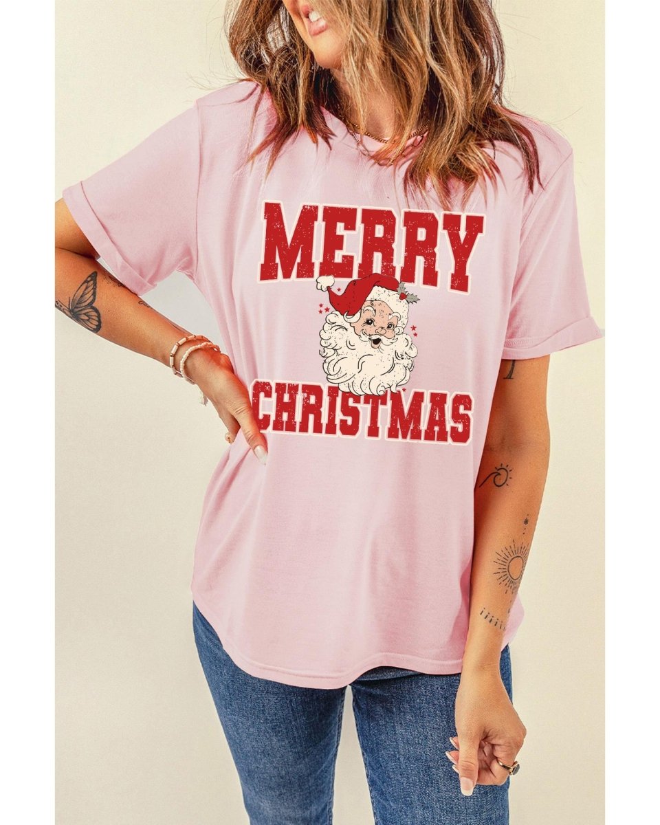 Pink MERRY CHRISTMAS Santa Claus Printed T Shirt - 3XL