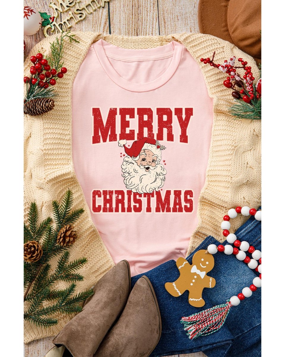 Pink MERRY CHRISTMAS Santa Claus Printed T Shirt - 3XL