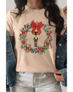 Khaki Nutcracker Bow Christmas Wreath Crewneck Printed T Shirt - XL