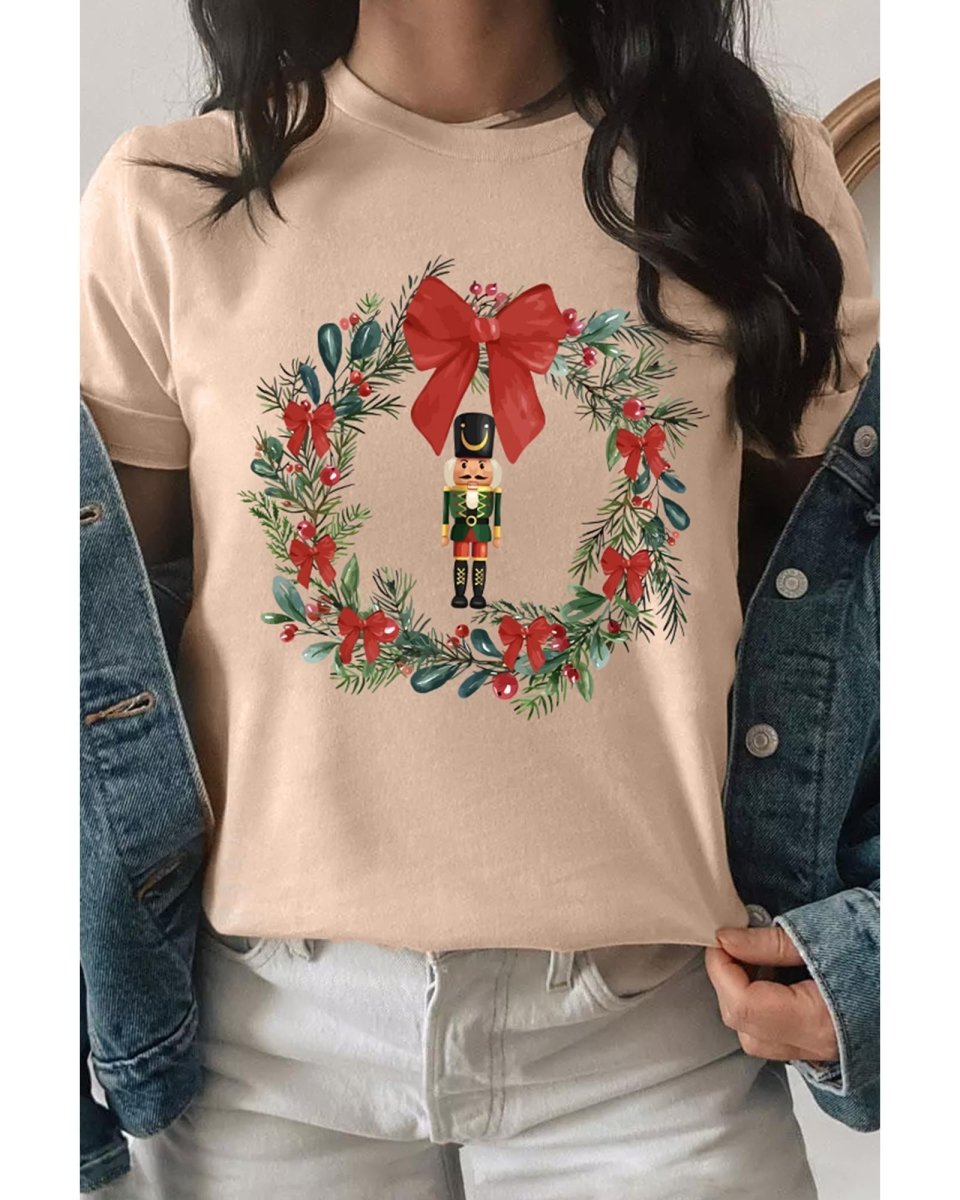Khaki Nutcracker Bow Christmas Wreath Crewneck Printed T Shirt - XL