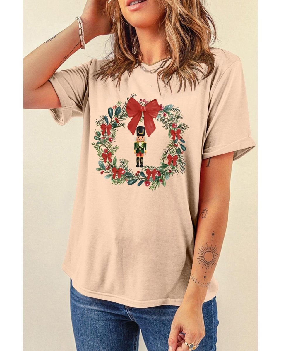 Khaki Nutcracker Bow Christmas Wreath Crewneck Printed T Shirt - XL