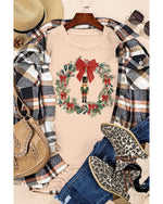 Khaki Nutcracker Bow Christmas Wreath Crewneck Printed T Shirt - XL