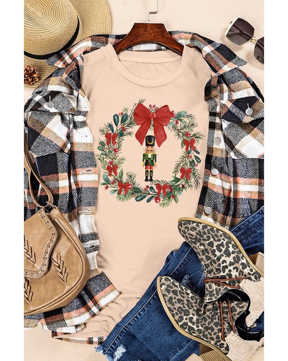 Khaki Nutcracker Bow Christmas Wreath Crewneck Printed T Shirt - XL
