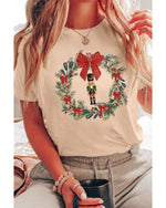 Khaki Nutcracker Bow Christmas Wreath Crewneck Printed T Shirt - XL