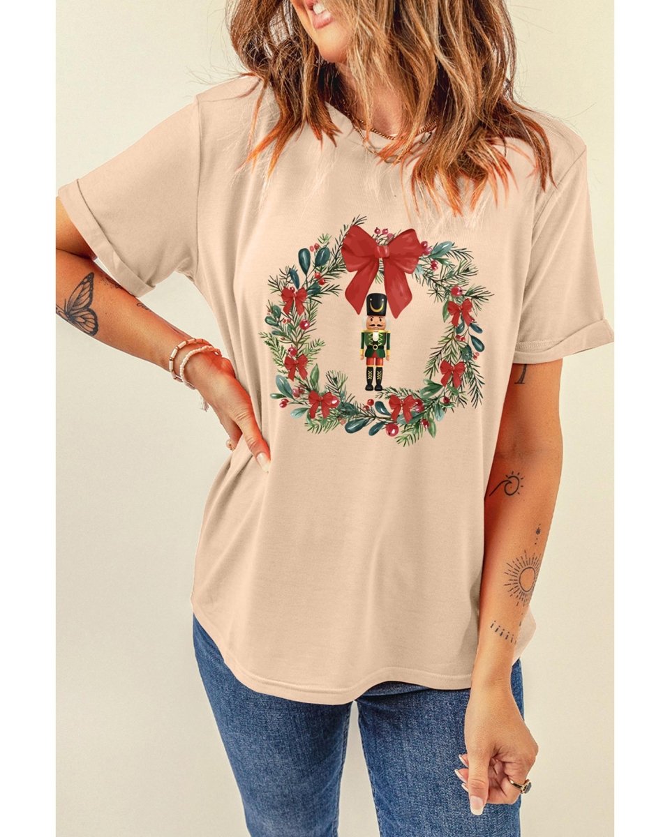 Khaki Nutcracker Bow Christmas Wreath Crewneck Printed T Shirt - XL