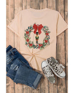 Khaki Nutcracker Bow Christmas Wreath Crewneck Printed T Shirt - XL