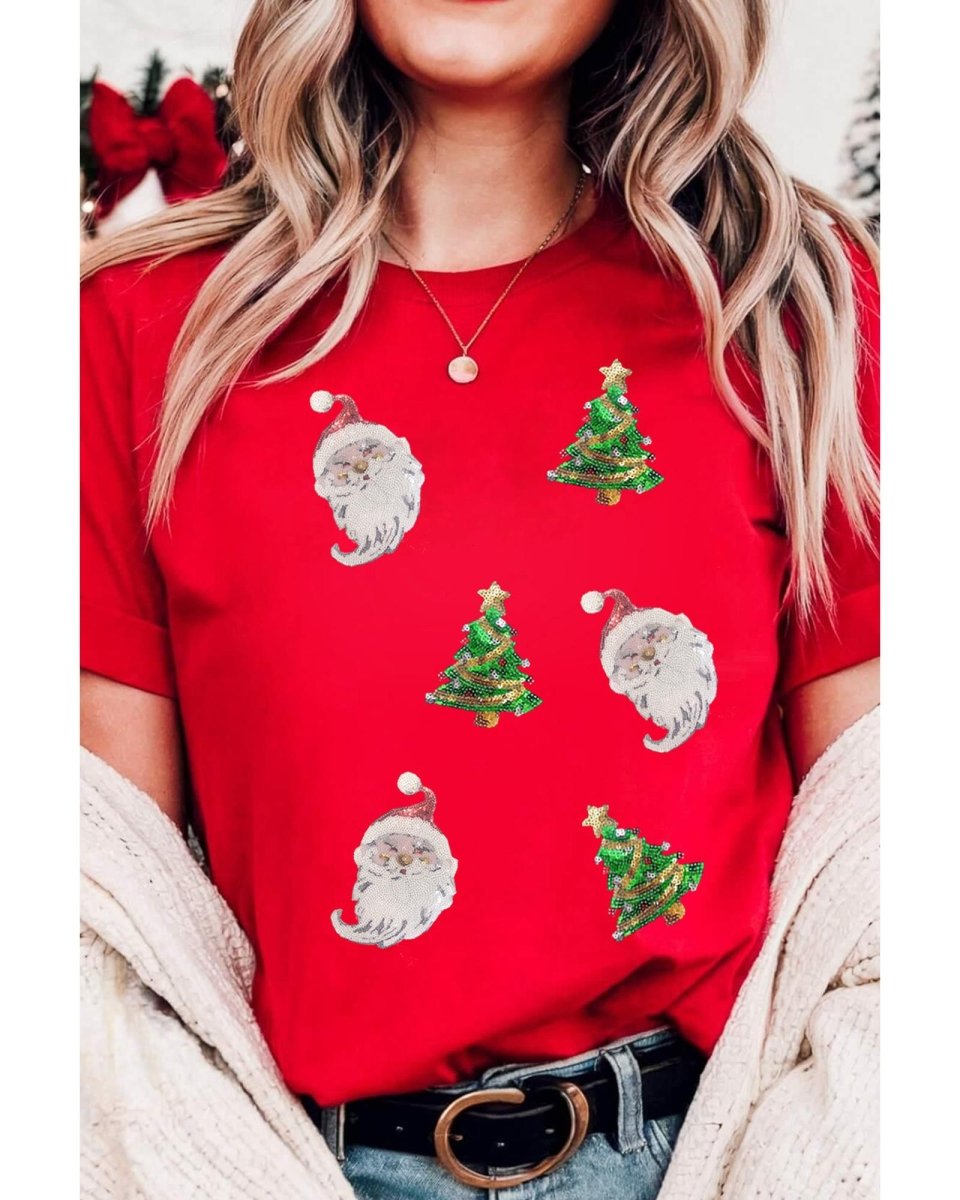 Red Santa Clause Christmas Tree Print Tee - L