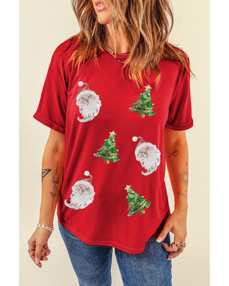 Red Santa Clause Christmas Tree Print Tee - L