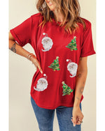 Red Santa Clause Christmas Tree Print Tee - L