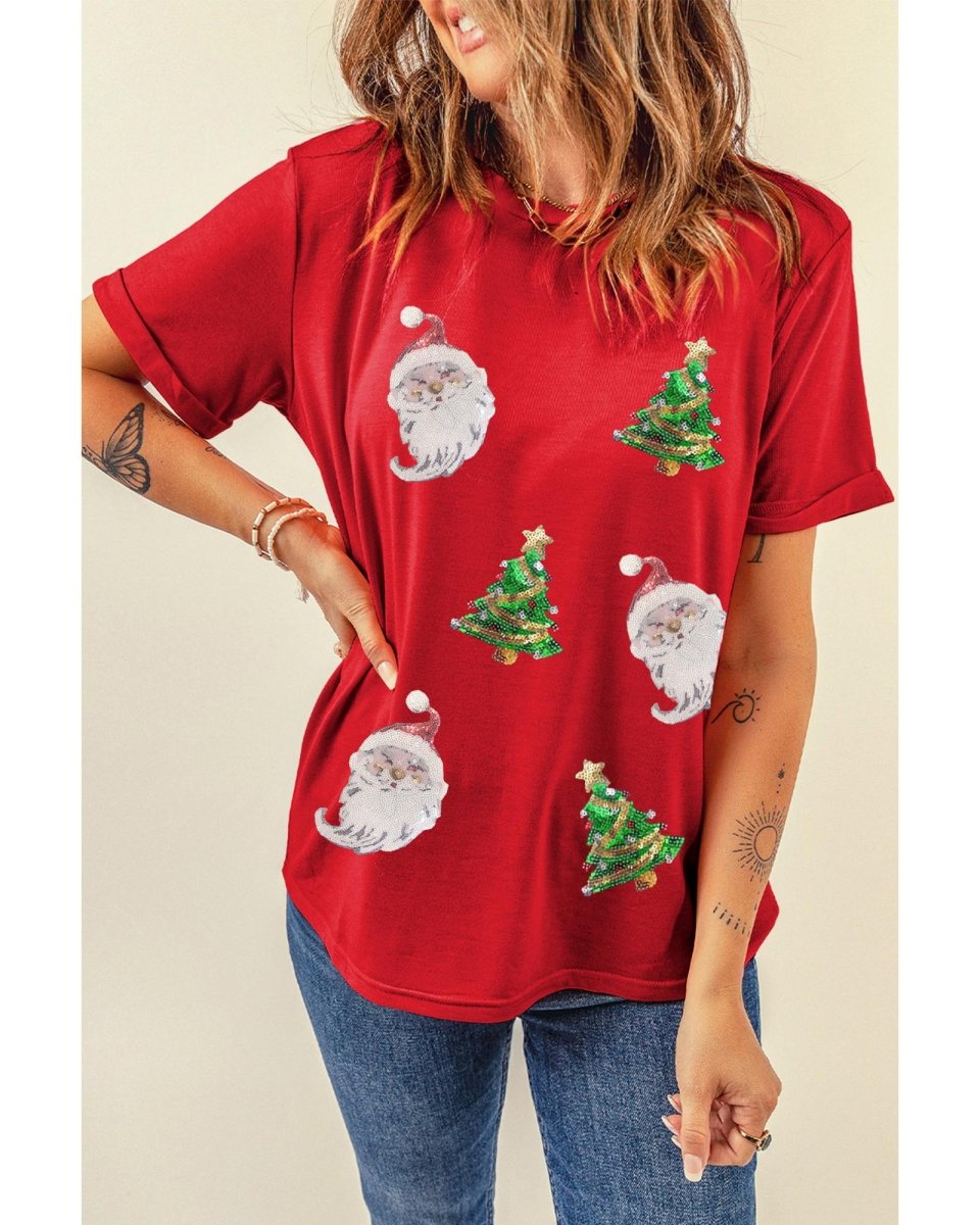 Red Santa Clause Christmas Tree Print Tee - L