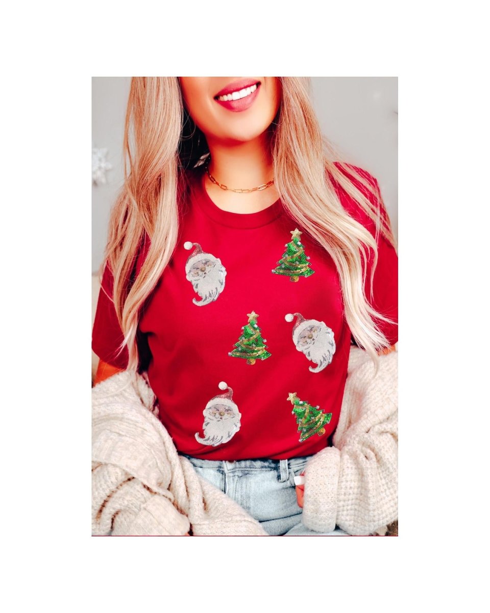 Red Santa Clause Christmas Tree Print Tee - L