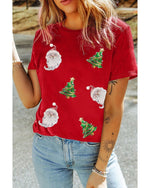 Red Santa Clause Christmas Tree Print Tee - M
