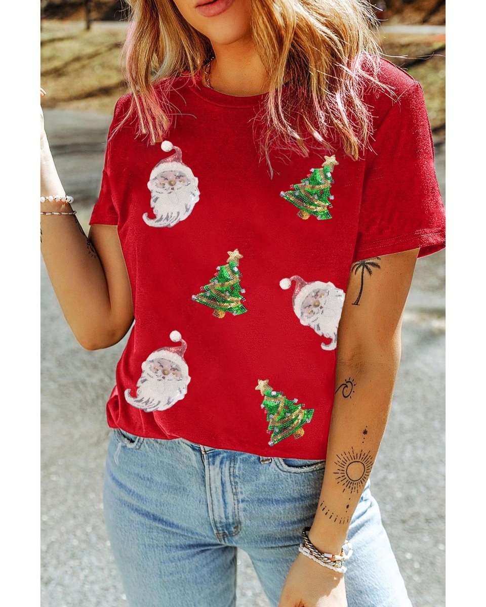 Red Santa Clause Christmas Tree Print Tee - M